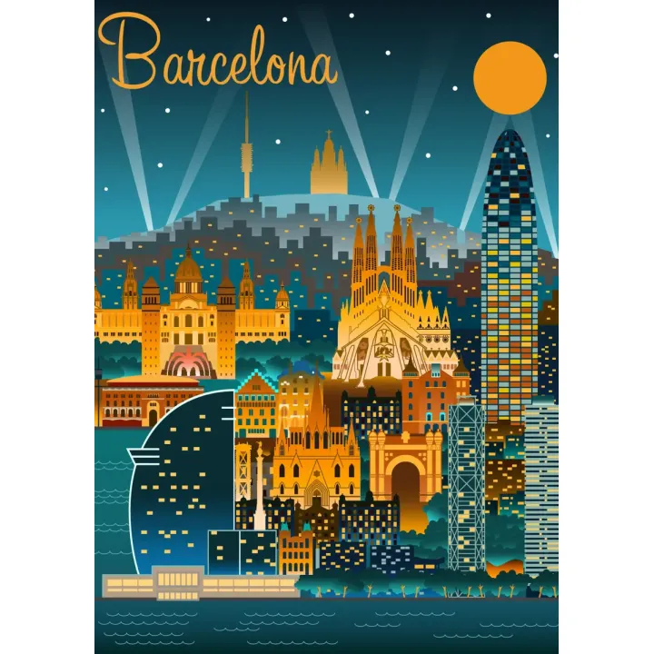 Plakat Barcelona Nocą – Oświetlona Sagrada Familia i Skyline Metropolii – produkt
