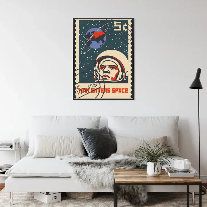 Plakat Znaczek Pocztowy Vintage – Astronauta i Misja Kosmiczna NASA