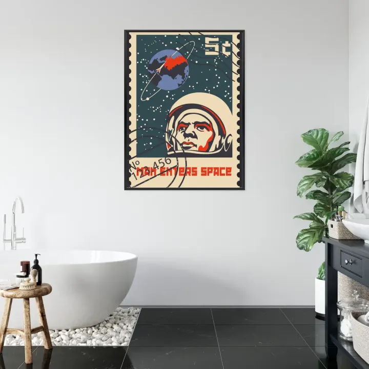 Plakat Znaczek Pocztowy Vintage – Astronauta i Misja Kosmiczna NASA
