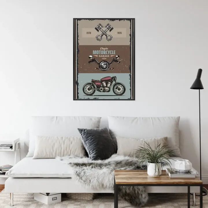 Plakat Motocykl Vintage – Klasyczny Garage z Akcesoriami i Napisami