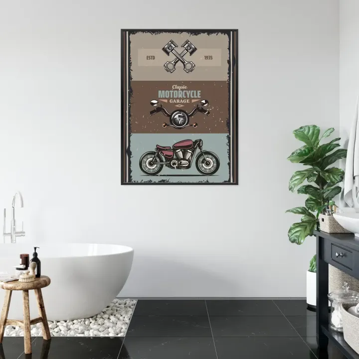Plakat Motocykl Vintage – Klasyczny Garage z Akcesoriami i Napisami
