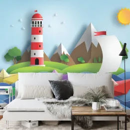 Fototapeta Sail Away – Żaglowy Statek i Latarnia Morska o Świcie