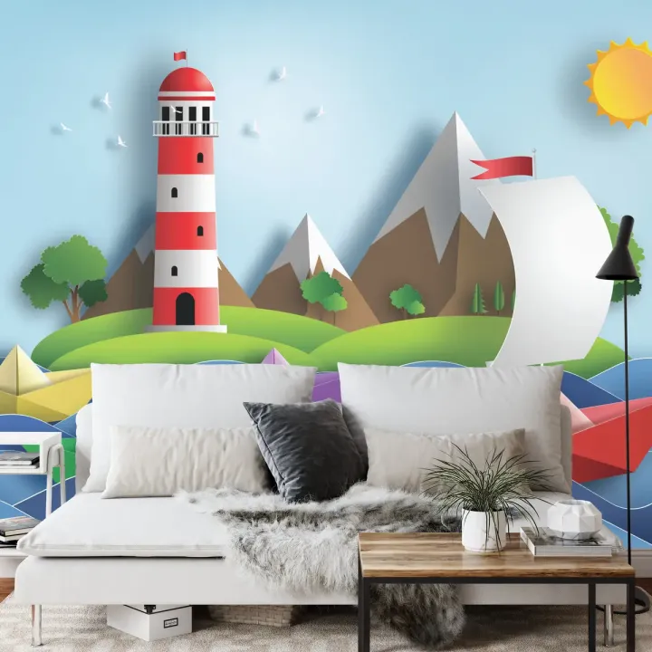Fototapeta Sail Away – Żaglowy Statek i Latarnia Morska o Świcie