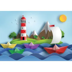 Fototapeta Sail Away – Żaglowy Statek i Latarnia Morska o Świcie