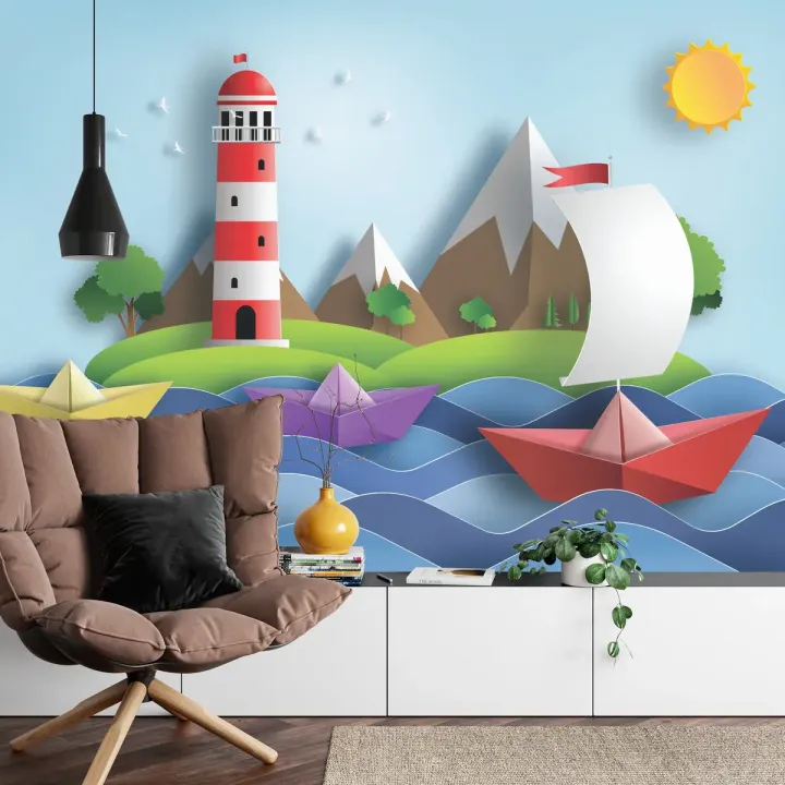 Fototapeta Sail Away – Żaglowy Statek i Latarnia Morska o Świcie
