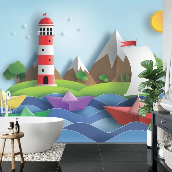 Fototapeta Sail Away – Żaglowy Statek i Latarnia Morska o Świcie