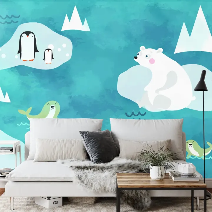 Fototapeta Polar & Pengi – Arktyczny Krajobraz z Pingwinami i Niedźwiedziem Polarnym