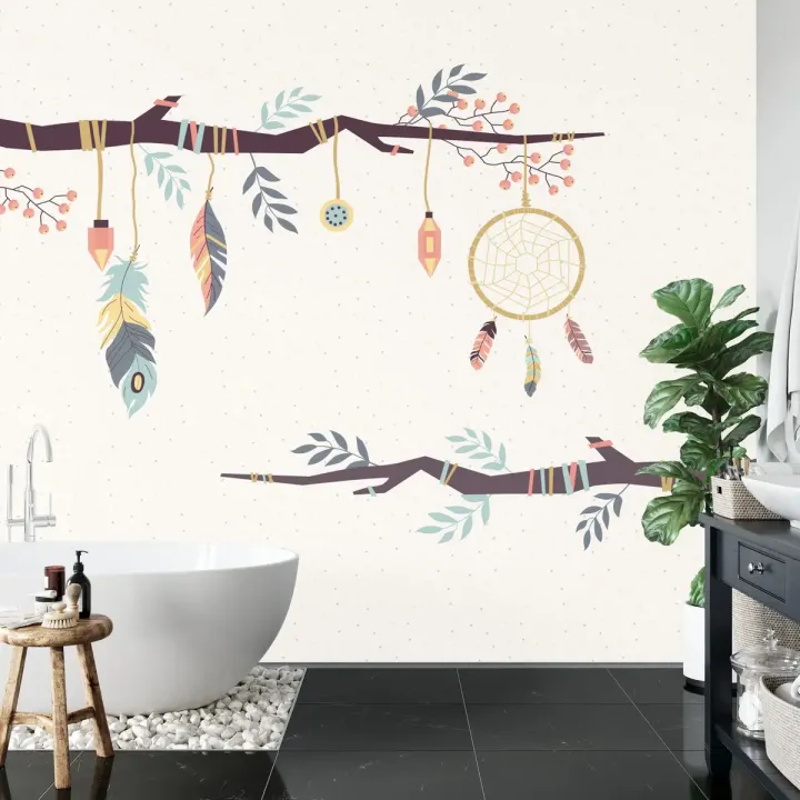 Fototapeta Gałęzie Boho – Etno Natura z Piórami i Kwiatami