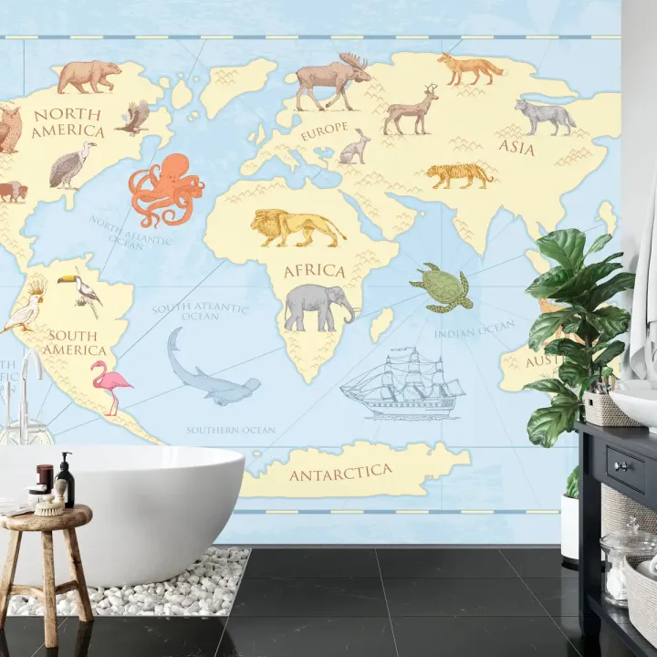 Fototapeta Mapa Świata dla Dzieci – Kontynenty i Zwierzęta