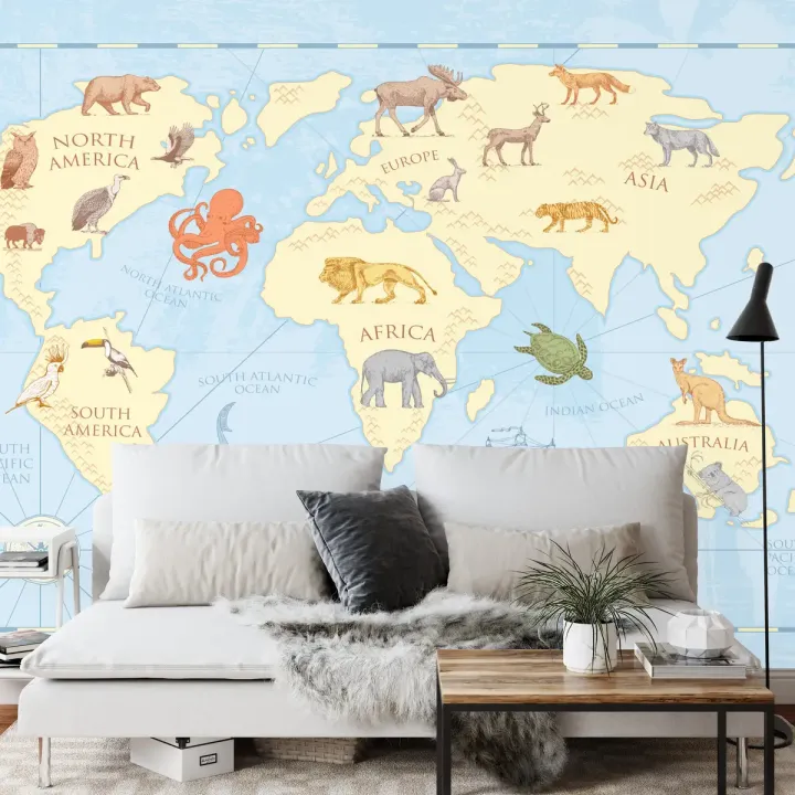 Fototapeta Mapa Świata dla Dzieci – Kontynenty i Zwierzęta