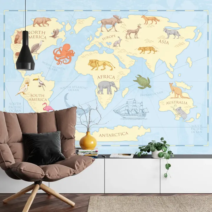 Fototapeta Mapa Świata dla Dzieci – Kontynenty i Zwierzęta