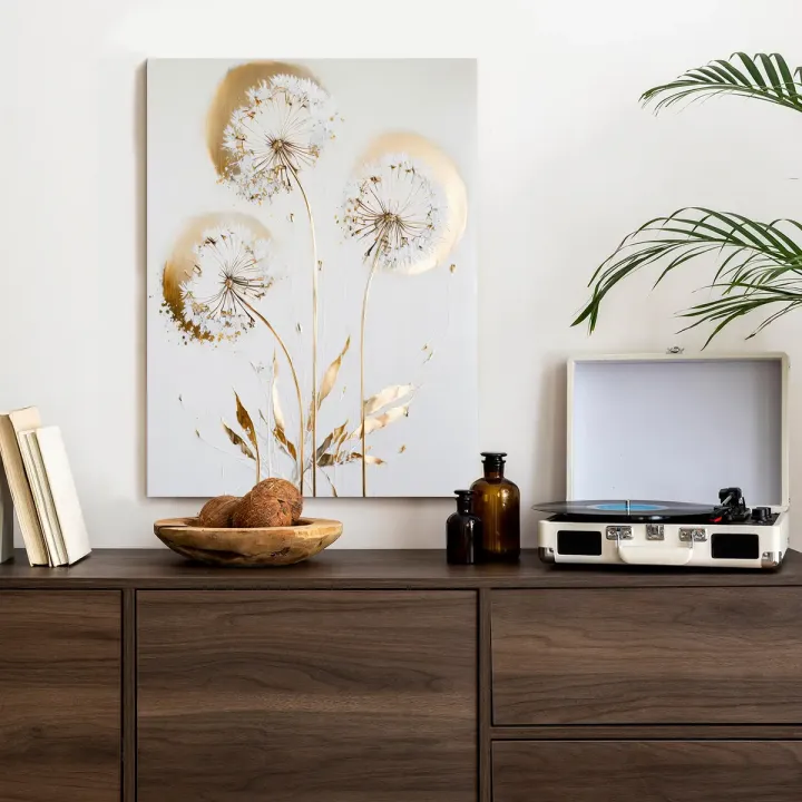 Plakat Mniszki Lekarskie – Abstrakcja Botaniczna ze Złotymi Akcentami