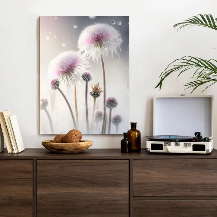 Plakat Mniszki Lekarskie w Płatkach Śniegu – Zimowa Natura i Głębia Perspektywy