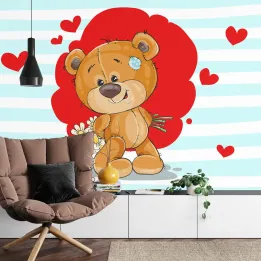 Fototapeta Miłość – Niedźwiedź Grizzly z Sercami i Kwiatami