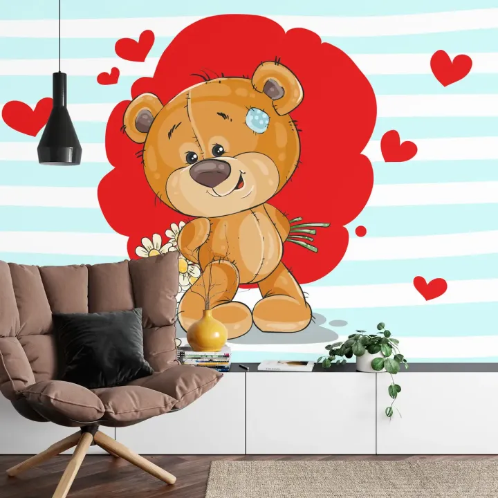 Fototapeta Miłość – Niedźwiedź Grizzly z Sercami i Kwiatami