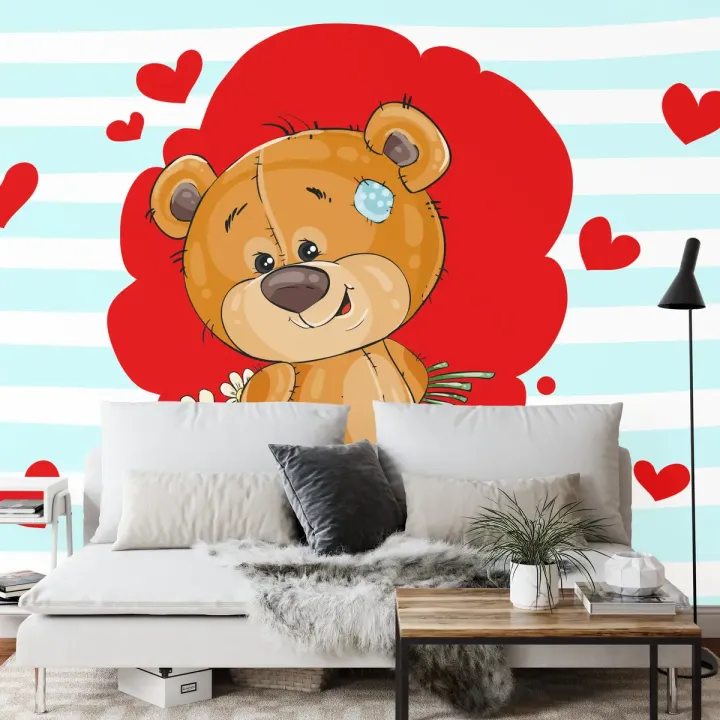 Fototapeta Miłość – Niedźwiedź Grizzly z Sercami i Kwiatami