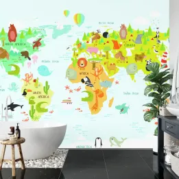 Fototapeta Mapa Świata – Zwierzęta i Kontynenty dla Dzieci