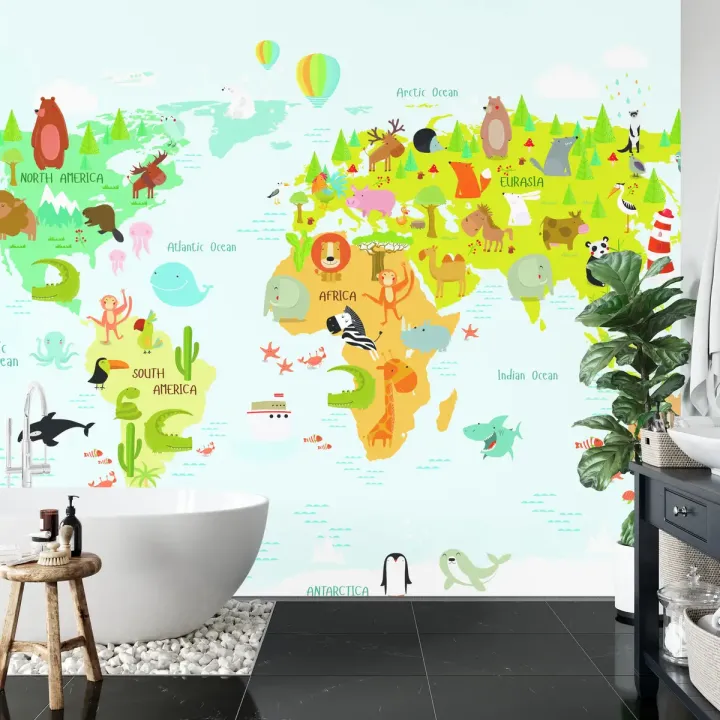 Fototapeta Mapa Świata – Zwierzęta i Kontynenty dla Dzieci