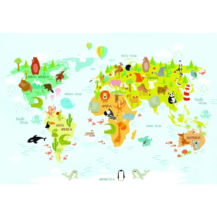 Fototapeta Mapa Świata – Zwierzęta i Kontynenty dla Dzieci – produkt