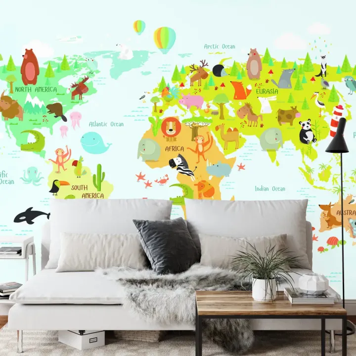 Fototapeta Mapa Świata – Zwierzęta i Kontynenty dla Dzieci