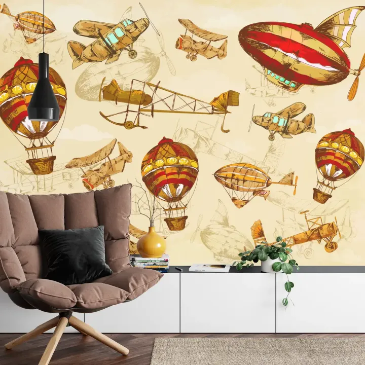 Fototapeta Zabytkowe Samoloty i Balony – Podróż Dookoła Świata w Stylu Vintage