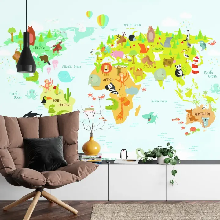 Fototapeta Mapa Świata – Zwierzęta i Kontynenty dla Dzieci