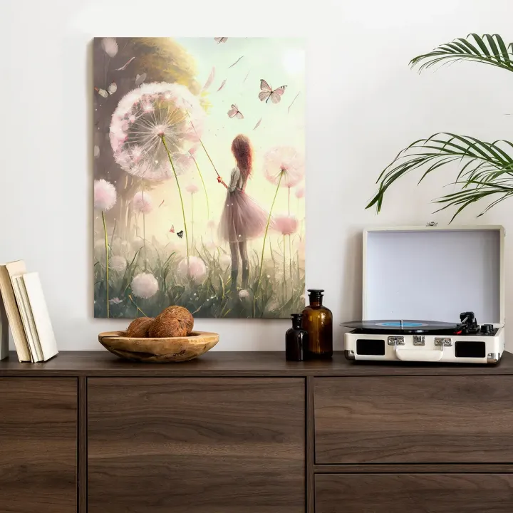 Plakat Dziewczynka Na Łące – Beztroska i Natura wśród Dmuchawców