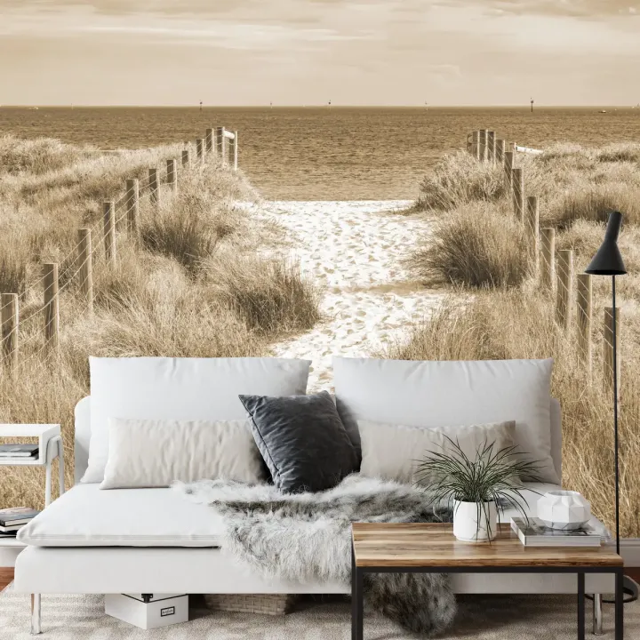 Fototapeta Zejdźmy Na Plażę Sepia – Krajobraz Nadmorski i Droga na Pustyni