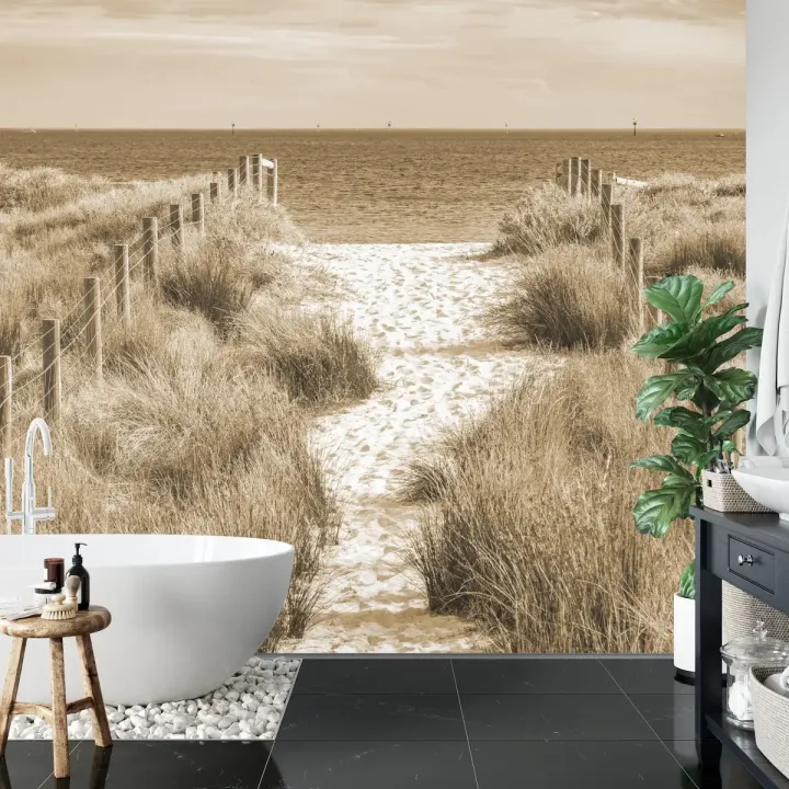 Fototapeta Zejdźmy Na Plażę Sepia – Krajobraz Nadmorski i Droga na Pustyni