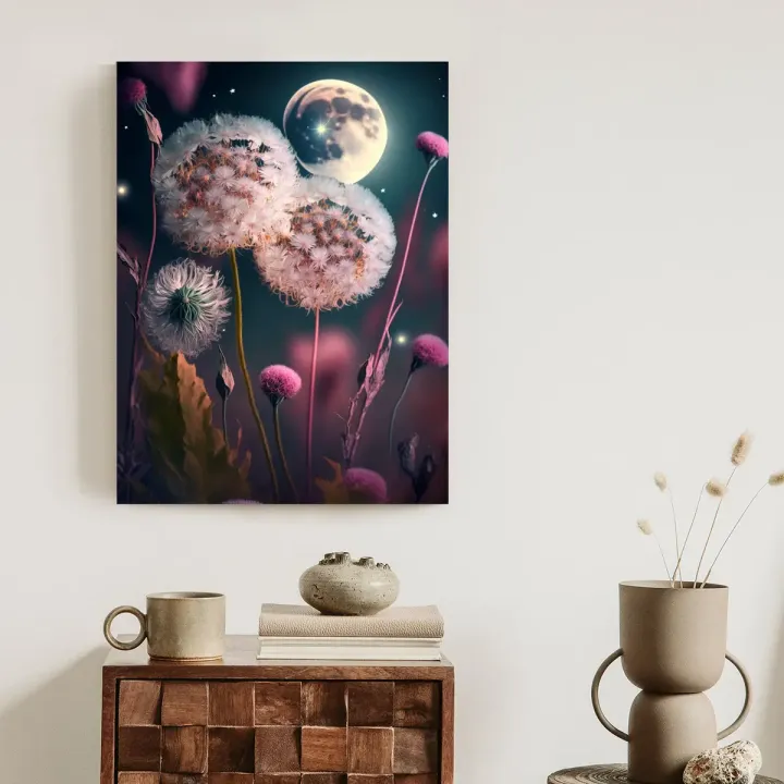 Plakat Dmuchawce – Nocne Niebo z Księżycem i Gwiazdami