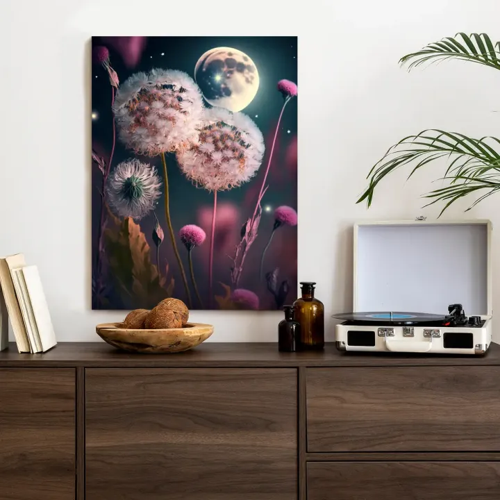 Plakat Dmuchawce – Nocne Niebo z Księżycem i Gwiazdami