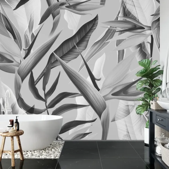 Fototapeta Tropikalna Czarno-Biała – Botaniczne Liście i Egzotyka Dżungli
