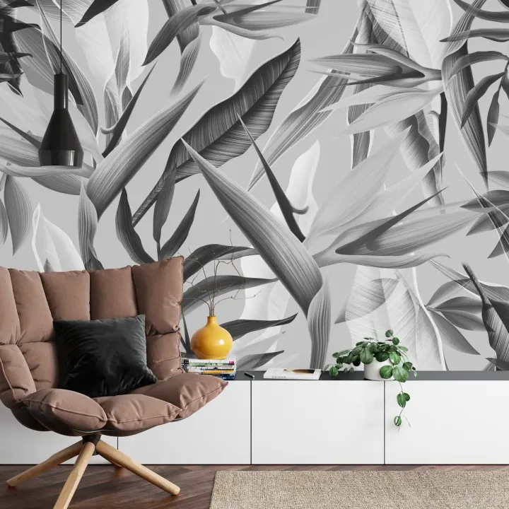 Fototapeta Tropikalna Czarno-Biała – Botaniczne Liście i Egzotyka Dżungli