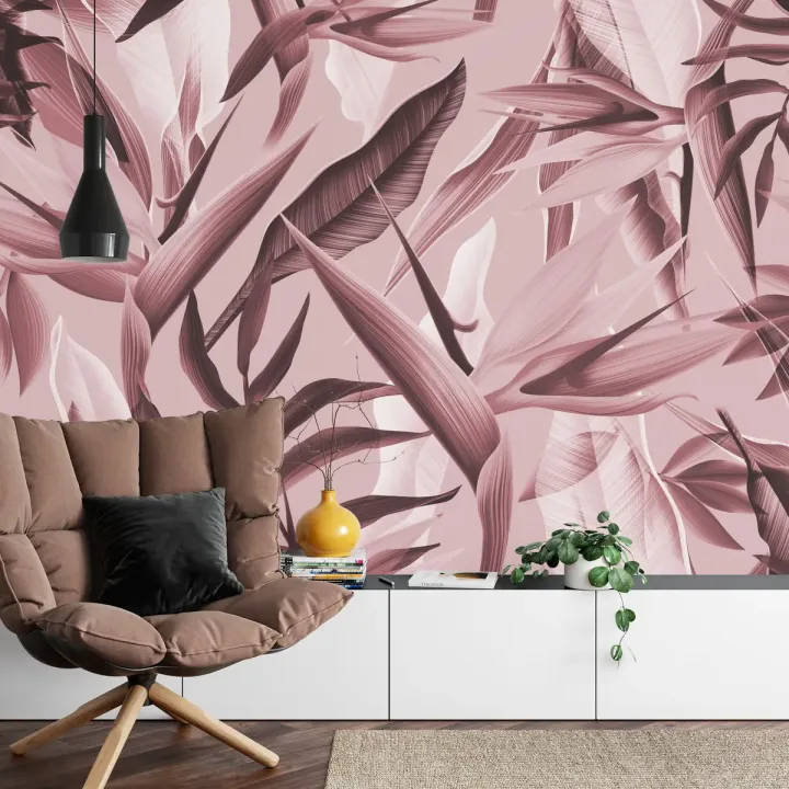 Fototapeta Tropicalia Różowy – Tropikalna Dżungla i Palmowe Liście