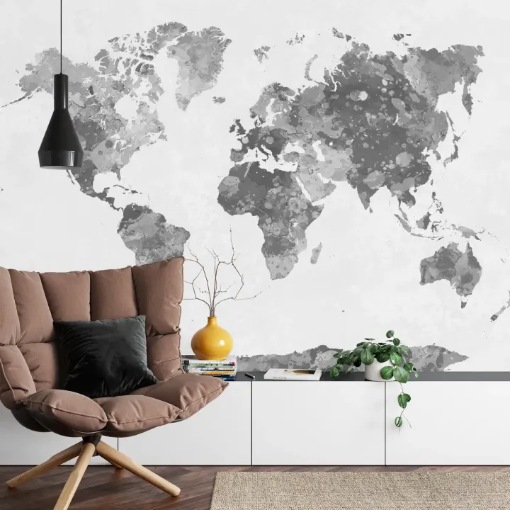 Fototapeta Mapa Świata – Akwarelowa Kartografia w Monochromacie