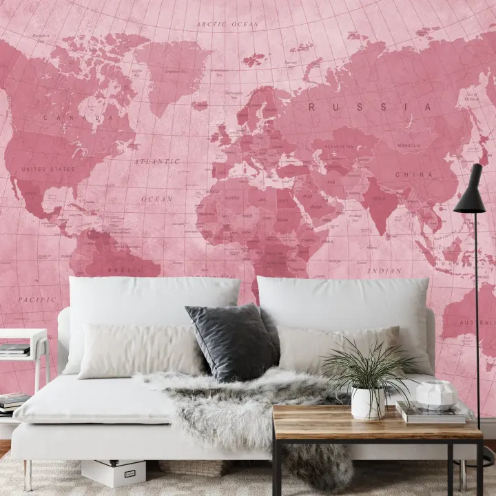 Fototapeta Mapa Świata – Kontynenty i Oceany w Czerwieni
