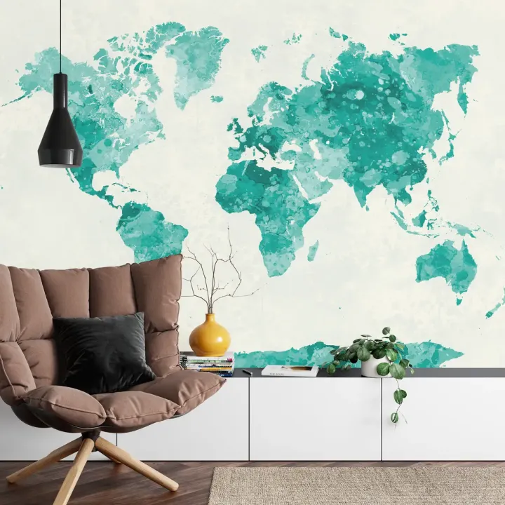 Fototapeta Mapa Świata – Akwarelowa Geografia w Zieleni