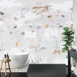 Fototapeta Mapa Świata dla Dzieci – Zwierzęta Kontynentów i Edukacyjna Przygoda