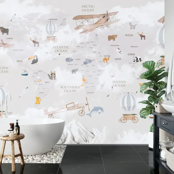 Fototapeta Mapa Świata dla Dzieci – Zwierzęta Kontynentów i Edukacyjna Przygoda