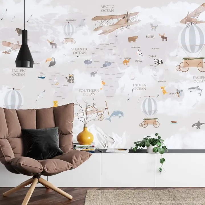 Fototapeta Mapa Świata dla Dzieci – Zwierzęta Kontynentów i Edukacyjna Przygoda