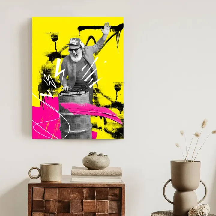 Plakat DJ w Miejskiej Dżungli – Kolorowy Kolaż Muzyki i Sztuki Ulicznej