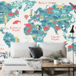 Fototapeta Mapa Świata – Zwierzęta i Kultura dla Dzieci