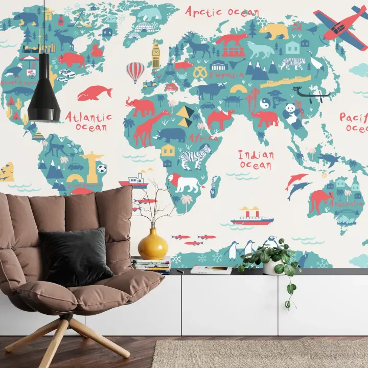 Fototapeta Mapa Świata – Zwierzęta i Kultura dla Dzieci