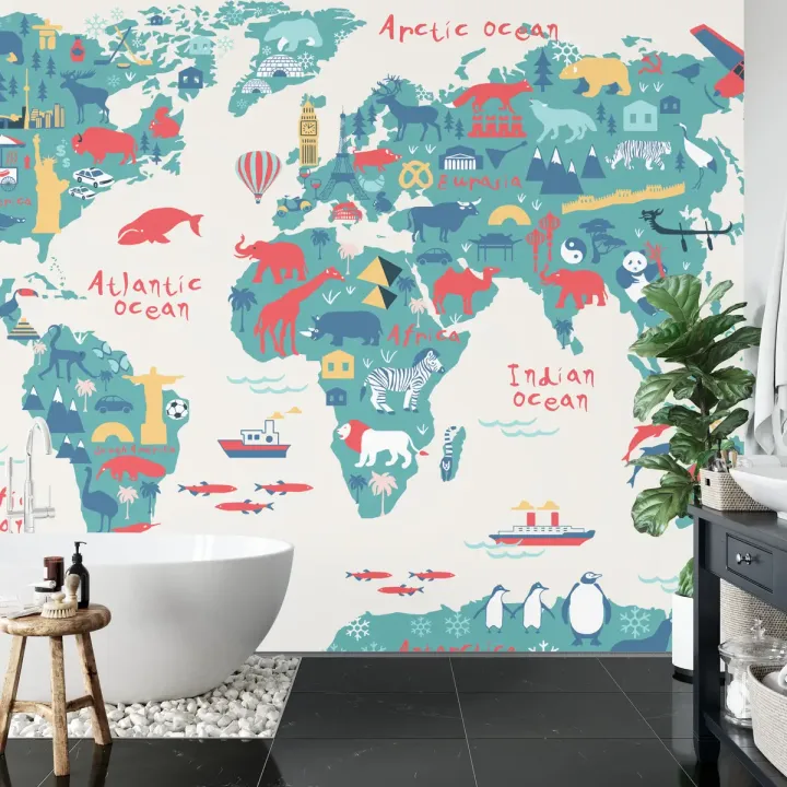 Fototapeta Mapa Świata – Zwierzęta i Kultura dla Dzieci