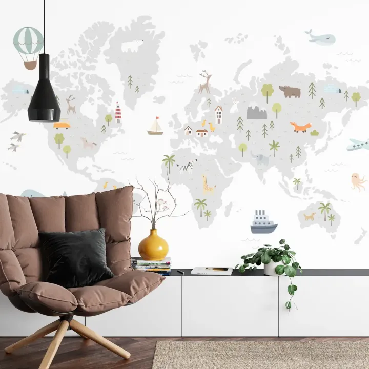 Fototapeta Mapa Świata – Zwierzęta Safari i Podróże dla Dziecka