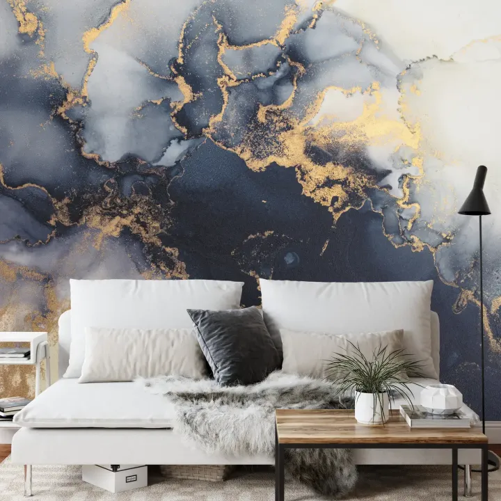 Fototapeta Marble Ink – Abstrakcyjne Krople Atramentu i Złote Akcenty