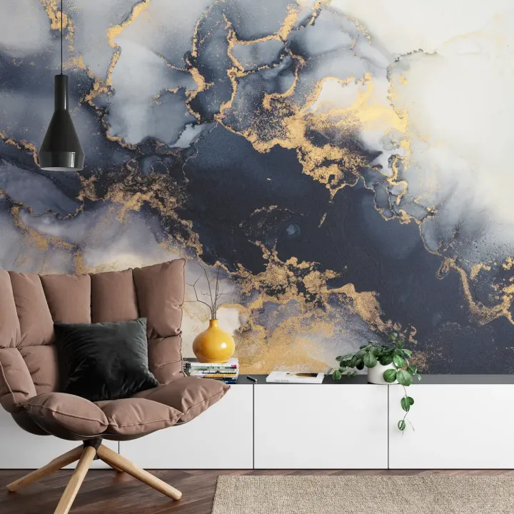 Fototapeta Marble Ink – Abstrakcyjne Krople Atramentu i Złote Akcenty