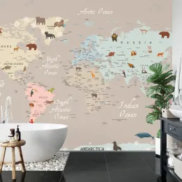 Fototapeta Mapa Świata dla Dzieci – Zwierzęta Kontynentów i Edukacyjna Geografia