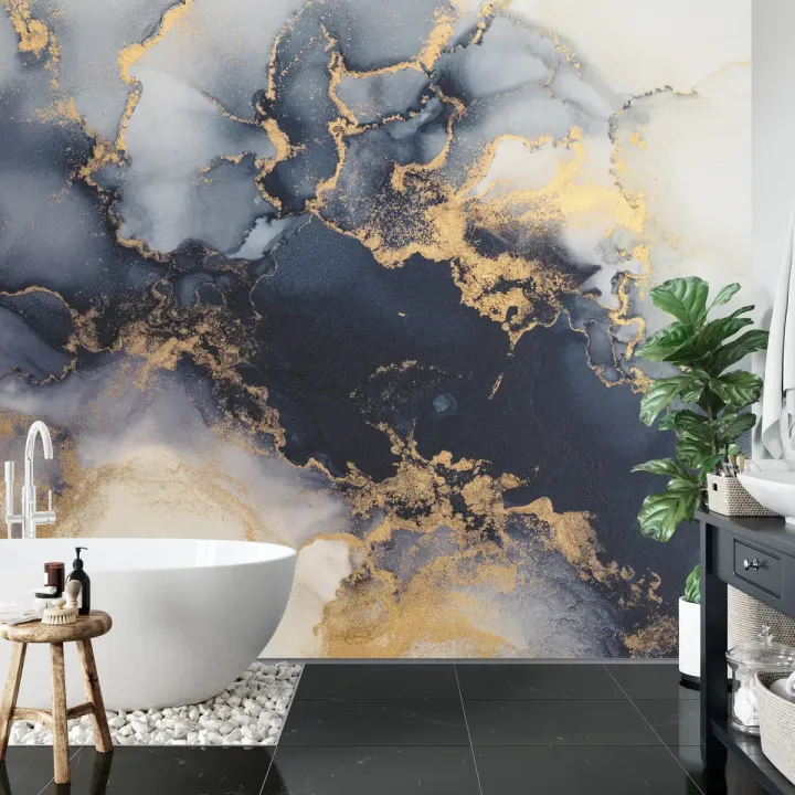 Fototapeta Marble Ink – Abstrakcyjne Krople Atramentu i Złote Akcenty