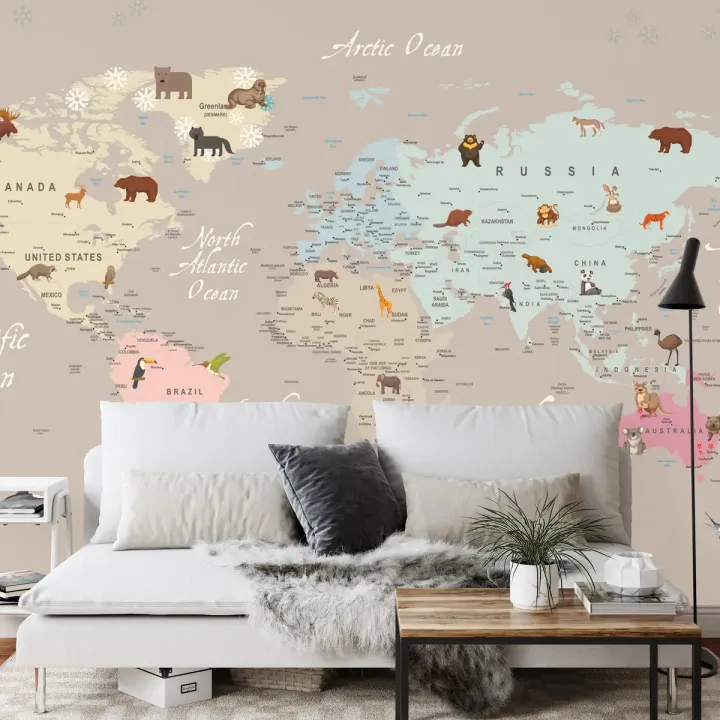 Fototapeta Mapa Świata dla Dzieci – Zwierzęta Kontynentów i Edukacyjna Geografia